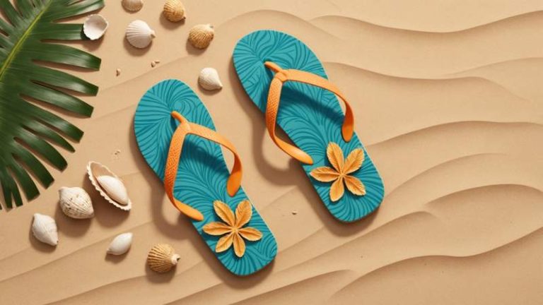 A pair of stylized flip-flops with Maori patterns on a sandy beach with seashells and tropical leaves, symbolizing National Flip-Flop Day in Australia.