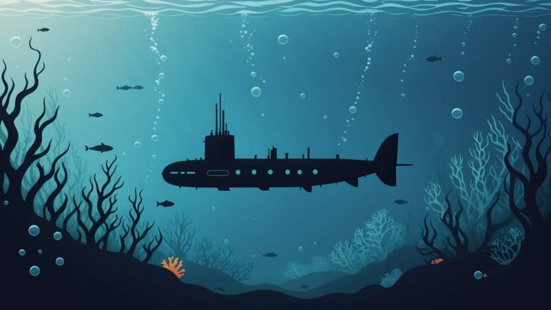 Minimalist illustration of a submarine underwater with abstract bubbles and marine plants symbolizing Submarine Day in Australia.