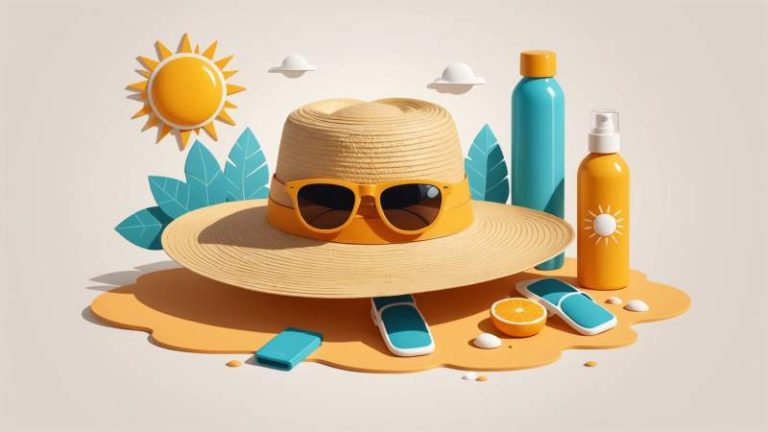 Illustration of sun protection items including a hat, sunglasses, and sunscreen with a stylized sun in the background, symbolizing sun safety in Australia.
