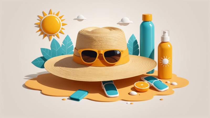 Illustration of sun protection items including a hat, sunglasses, and sunscreen with a stylized sun in the background, symbolizing sun safety in Australia.