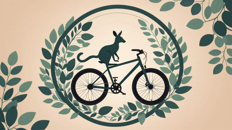 A clean vector illustration of a bicycle with eucalyptus leaves and a kangaroo silhouette symbolizing Bicycle Day in Australia.
