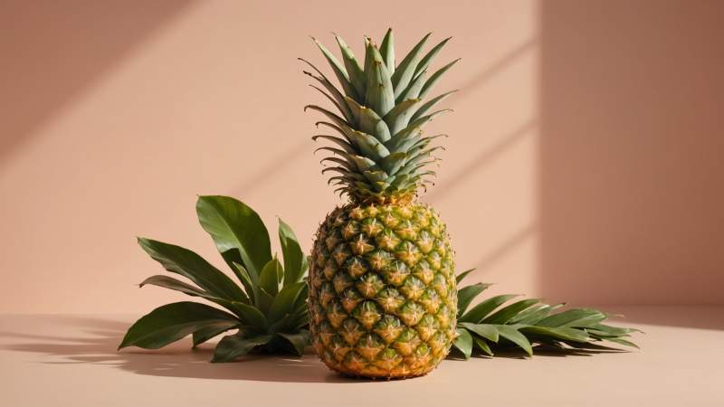 A stylized pineapple with tropical leaves softly glowing against a pastel background symbolizing World Pineapple Day in Australia.