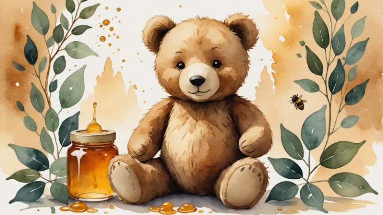 A soft watercolor illustration of a teddy bear with eucalyptus leaves and honey jar, symbolizing comfort in Australia.