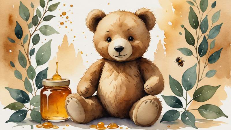A soft watercolor illustration of a teddy bear with eucalyptus leaves and honey jar, symbolizing comfort in Australia.