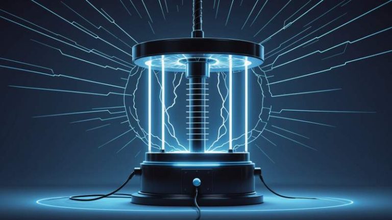 Minimalist illustration of a Tesla coil with electric arcs symbolizing Nikola Tesla's contributions to electricity, set in a cool blue background.