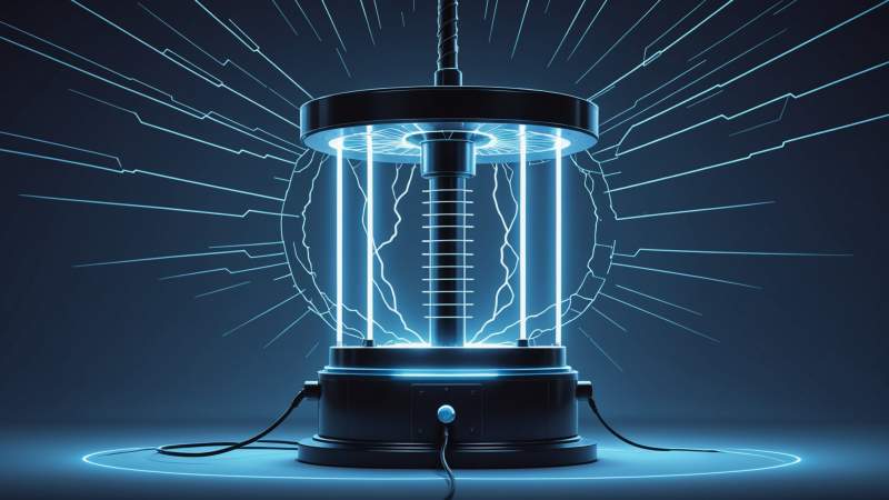 Minimalist illustration of a Tesla coil with electric arcs symbolizing Nikola Tesla's contributions to electricity, set in a cool blue background.