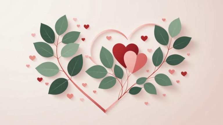 Minimalist illustration of intertwined hearts with eucalyptus leaves symbolizing Valentine's Day in Australia.