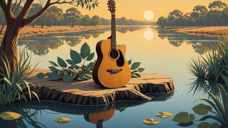 An elegant vector illustration of a vintage guitar by a billabong with eucalyptus leaves and flowing water symbolizing the Australian folk song Waltzing Matilda.