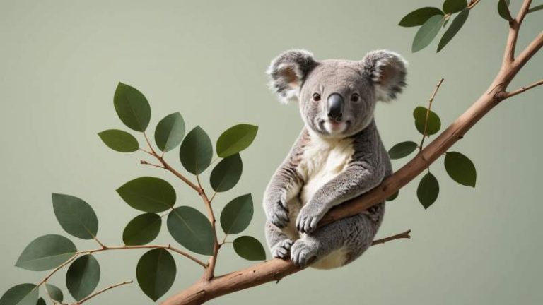 Minimalist illustration of a koala on a eucalyptus branch symbolizing wild koalas in Australia.