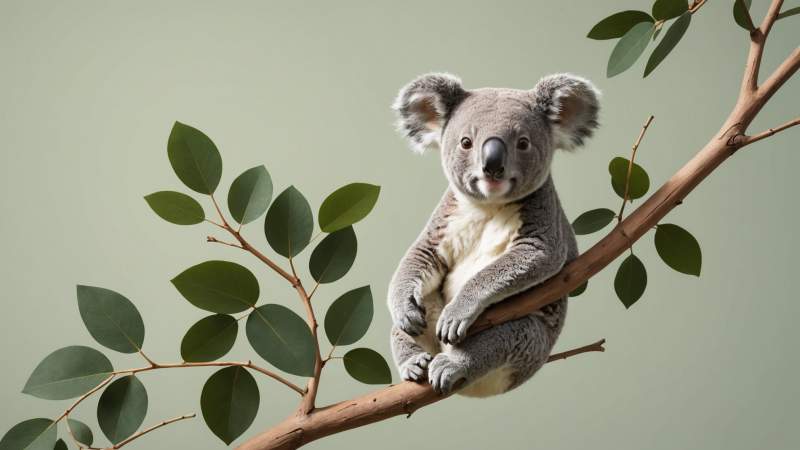 Minimalist illustration of a koala on a eucalyptus branch symbolizing wild koalas in Australia.