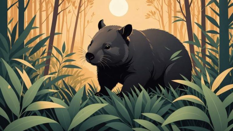 A stylized wombat silhouette surrounded by eucalyptus leaves and native Australian plants in a minimalist flat vector style.