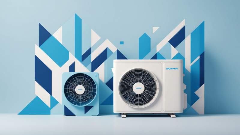 A stylized air conditioner with cool blue geometric shapes representing airflow, symbolizing air conditioning appreciation in Australia.