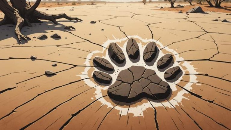 A soft gouache illustration showing a fading animal paw print and silhouettes of Australian wildlife symbolizing remembrance of animals lost due to human actions.