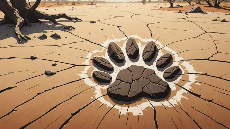 A soft gouache illustration showing a fading animal paw print and silhouettes of Australian wildlife symbolizing remembrance of animals lost due to human actions.