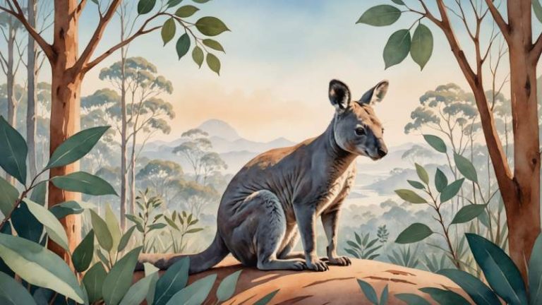 Illustration of Australian native animals like kangaroo and koala with eucalyptus leaves symbolizing global wildlife conservation.