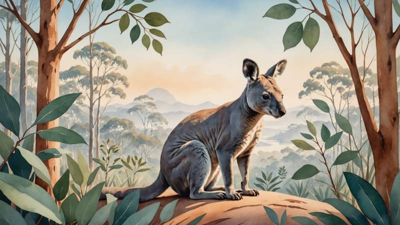 Illustration of Australian native animals like kangaroo and koala with eucalyptus leaves symbolizing global wildlife conservation.