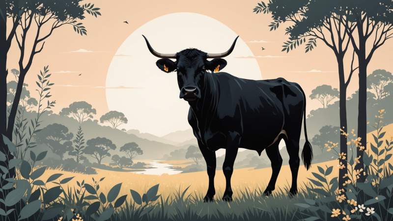 A stylized black cow silhouette surrounded by Australian native plants in a minimalist vector style.