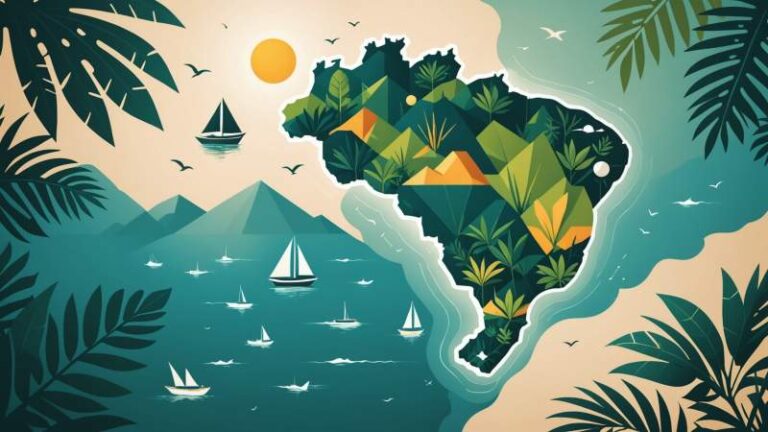 An elegant vector illustration showing a stylized map of Brazil with a symbolic ship and tropical leaves representing the discovery of Brazil.
