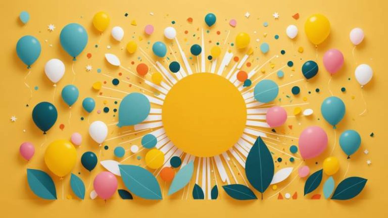 Minimalist illustration of a bright sun with colorful abstract shapes and eucalyptus leaves symbolizing good mood in Australia.