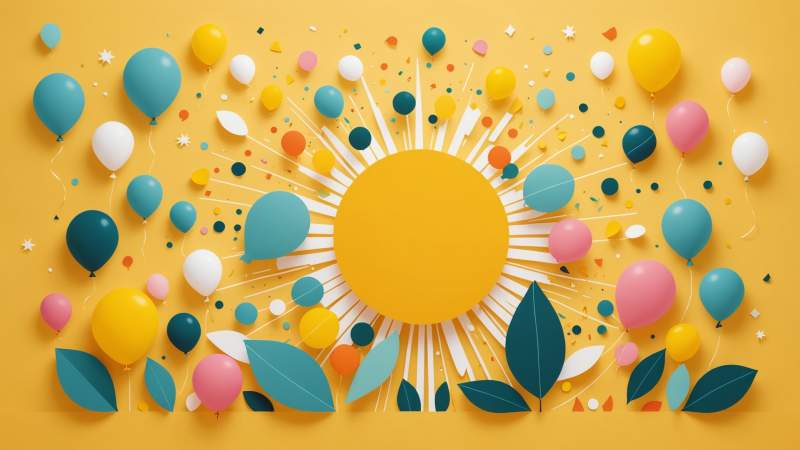 Minimalist illustration of a bright sun with colorful abstract shapes and eucalyptus leaves symbolizing good mood in Australia.