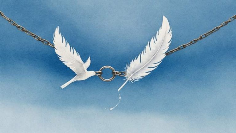A symbolic illustration of a broken chain and a white feather floating over a soft blue background representing freedom from human trafficking in Australia.