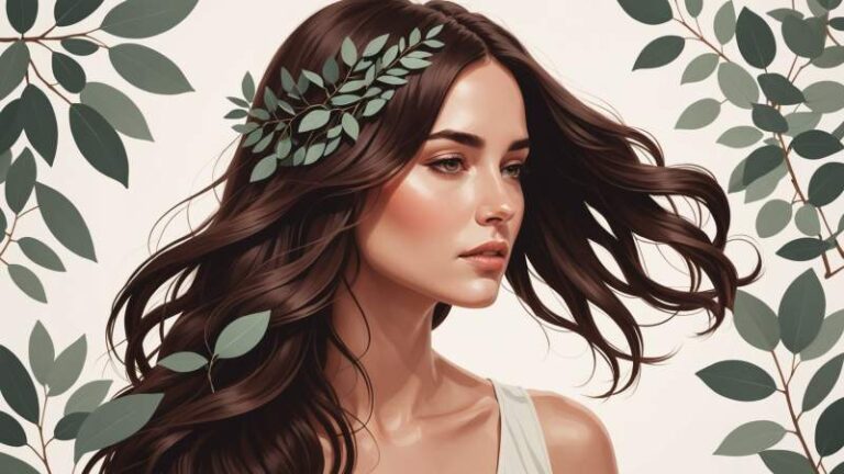 A minimalist illustration showing a flowing dark brown hair strand with eucalyptus leaves symbolizing brunettes in Australia.