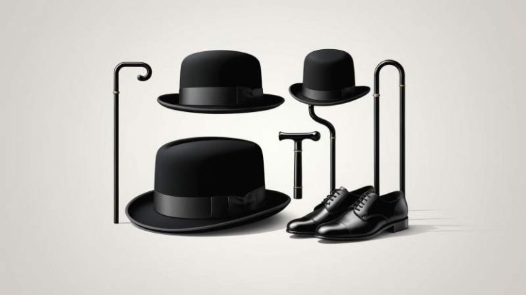 Minimalist illustration of Charlie Chaplin's bowler hat, cane, and shoes symbolizing his legacy in Australia.