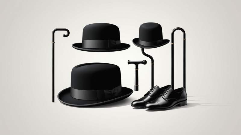 Minimalist illustration of Charlie Chaplin's bowler hat, cane, and shoes symbolizing his legacy in Australia.