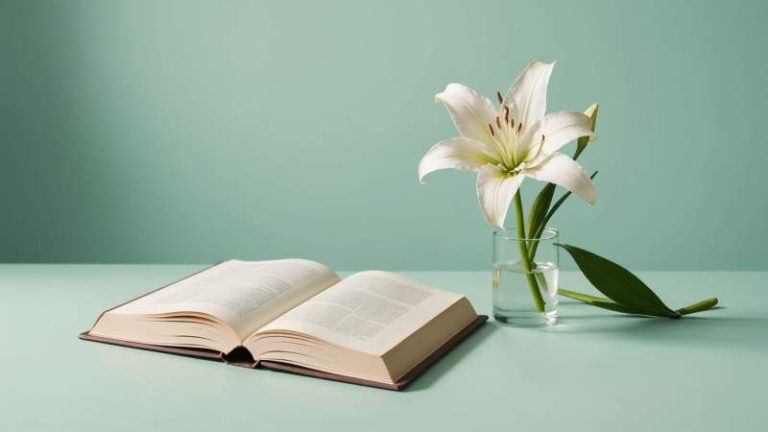A minimalist illustration of a white lily and a closed book symbolizing chastity for an Australian holiday