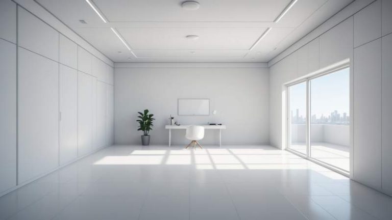 A clean, empty white room with geometric shapes symbolizing air filtration and cleanliness, representing Clean Room Day in Australia