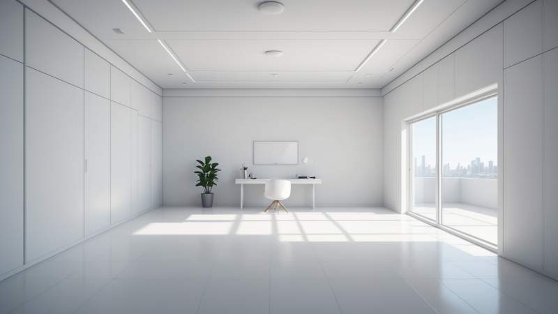 A clean, empty white room with geometric shapes symbolizing air filtration and cleanliness, representing Clean Room Day in Australia