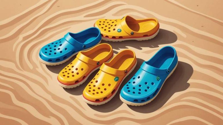 A pair of colorful Crocs shoes on a sandy beach representing casual Australian style.