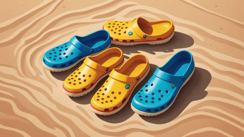 A pair of colorful Crocs shoes on a sandy beach representing casual Australian style.