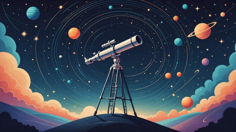 A minimalist illustration of a telescope aimed at stars and swirling galaxies symbolizing communication with the universe.