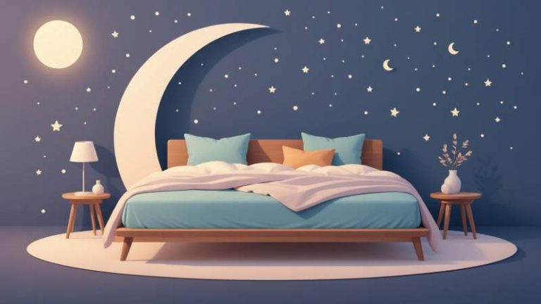 A cozy bed with pillows and a blanket surrounded by sleep symbols and a crescent moon, symbolizing a day for sleep lovers in Australia.