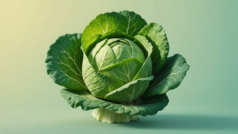 A minimalist vector illustration of a fresh cabbage head with stylized leaves on a soft pastel background symbolizing the Day of Cabbage in Australia.