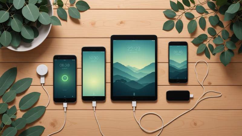 Illustration of turned-off smartphone and tablet with eucalyptus leaves symbolizing digital detox day in Australia