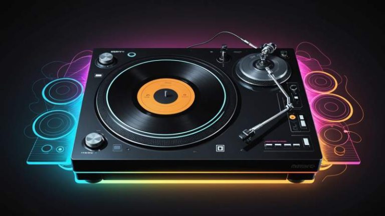 Minimalist vector illustration of a DJ turntable with floating vinyl records symbolizing World DJ Day in Australia.