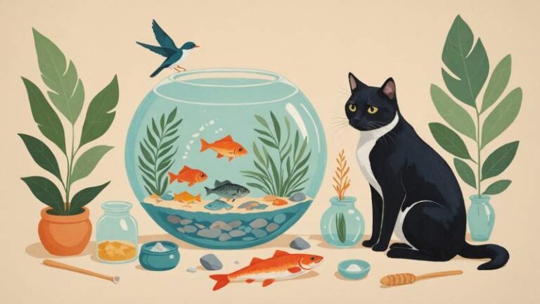 Illustration of symbolic pet objects including a dog bone, cat silhouette, bird feather, and fish bowl with Australian cultural elements on a pastel background.