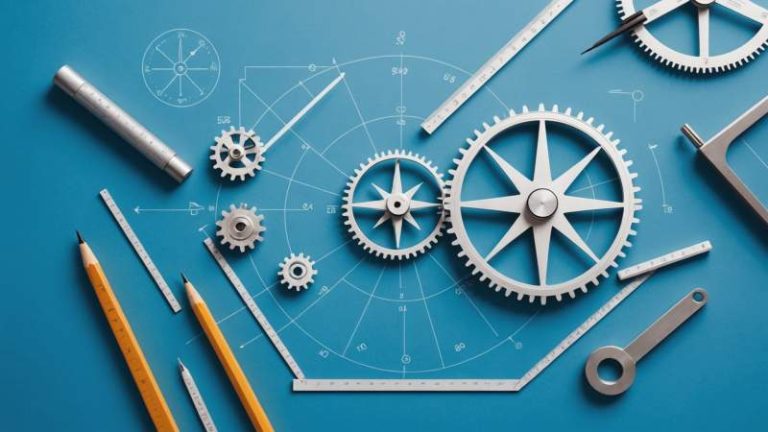 Minimalist flat design of engineering tools including gears, compass, blueprint, and ruler symbolizing engineering innovation in Australia.