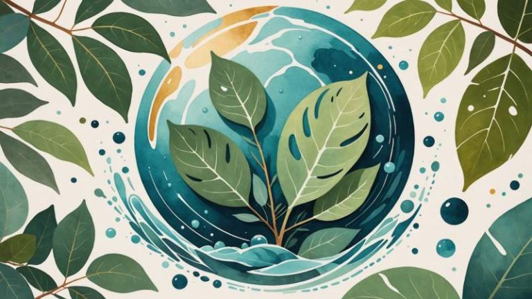 An artistic illustration showing eucalyptus leaves, a globe with Australian plants, and water droplets symbolizing World Environment Day in Australia.