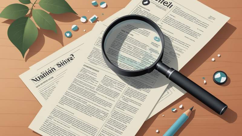 An illustration showing a magnifying glass over a newspaper with digital data icons and a eucalyptus leaf symbolizing fact-checking in Australia.