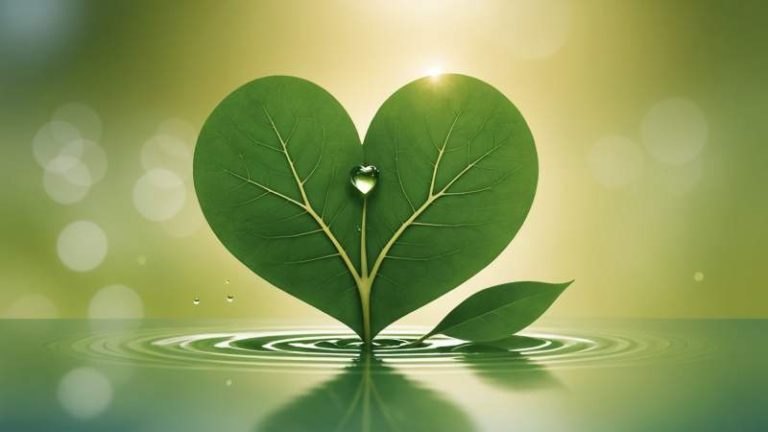 An elegant vector illustration of a heart, green leaf, and water droplet symbolizing health with eucalyptus leaves in warm golden light.