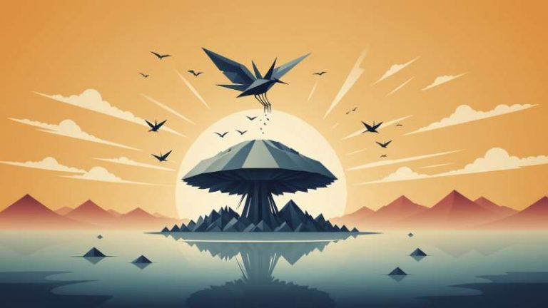 A symbolic illustration of an origami crane above a stylized mushroom cloud representing Hiroshima atomic bombing remembrance.