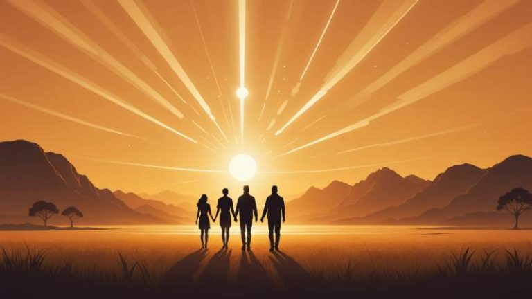 Abstract glowing human figures floating above an Australian landscape symbolizing HumanLight