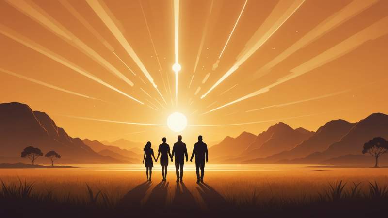 Abstract glowing human figures floating above an Australian landscape symbolizing HumanLight