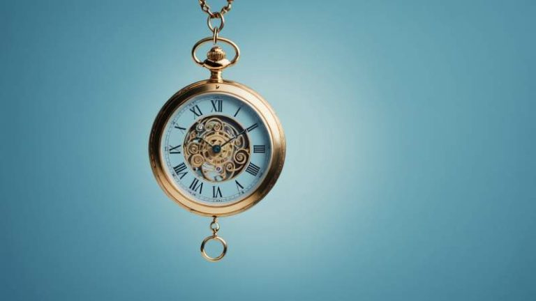 Minimalist illustration of a swinging pocket watch with hypnotic spirals symbolizing World Hypnosis Day in Australia.