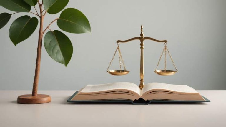 Balanced scales, an open book, and an eucalyptus leaf symbolizing morality and ethics in Australia.