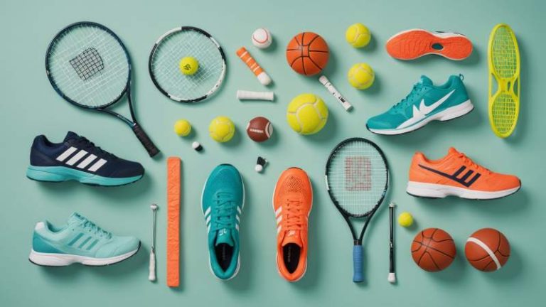 Minimalist flat design of assorted sports equipment symbolizing International Sports Day in Australia.