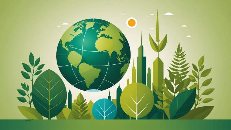 Illustration showing a globe with Australia highlighted, green leaves, and abstract shapes symbolizing the Kyoto Protocol and environmental cooperation.
